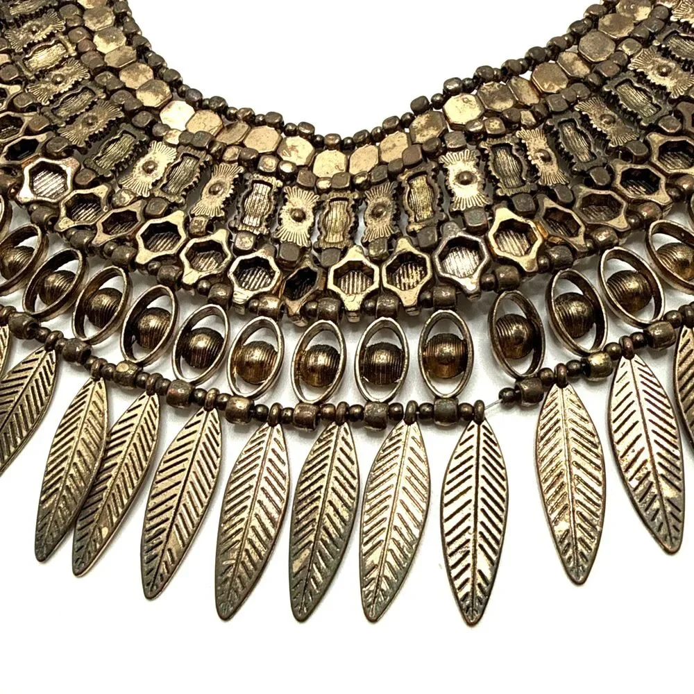 ALDO Boho Statement Bib Necklace Leaf Fringe Distressed Gold Tone Tribal Collar